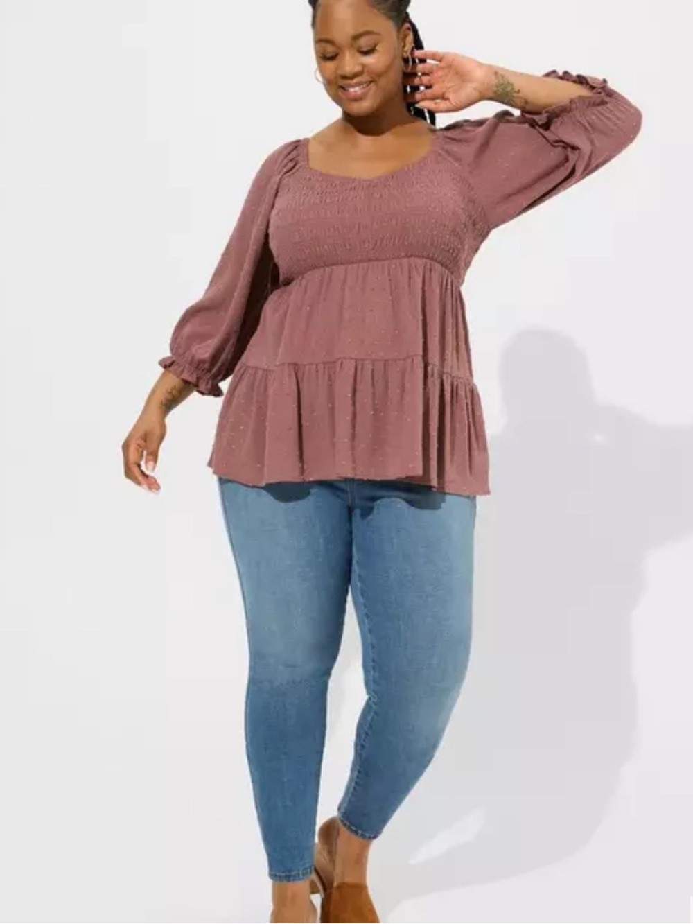 Torrid Crinkle Gauze Smocked 3/4 Blouson Tiered Top